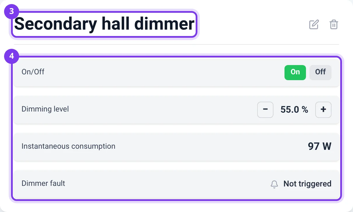 Component detail: its name as the title and the list of its points with their values and commands