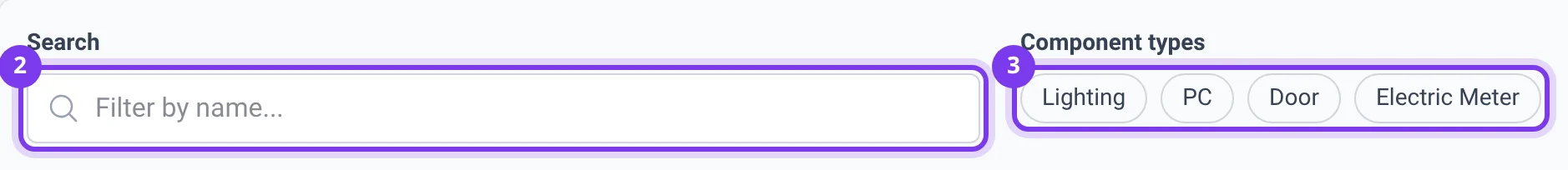 Zone page with the Filtrer panel open: Filter by name field and component type buttons