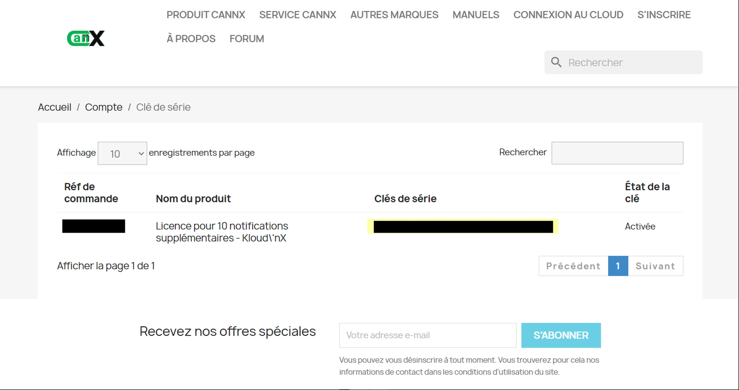 Can’nX shop in French, list of serial keys: order reference, product name, masked key and key status