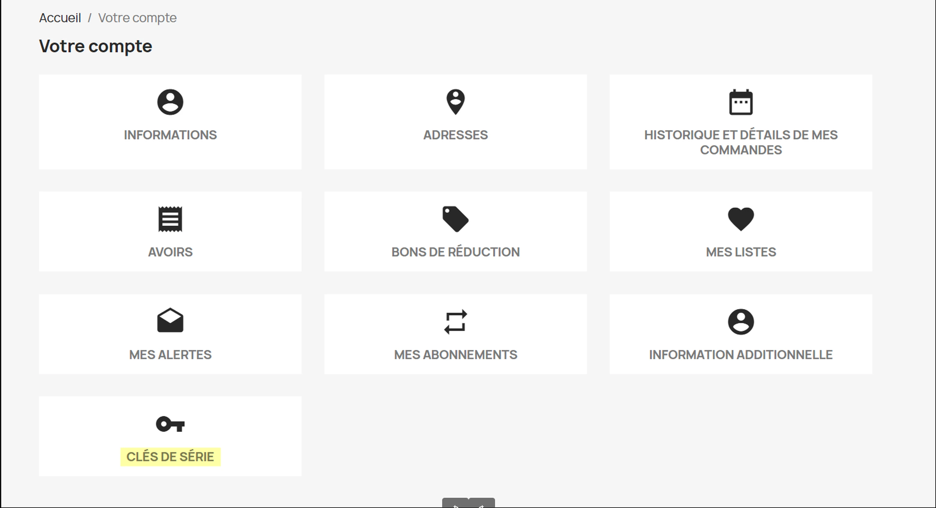 Can’nX shop in French, Your account page: the serial keys tile highlighted