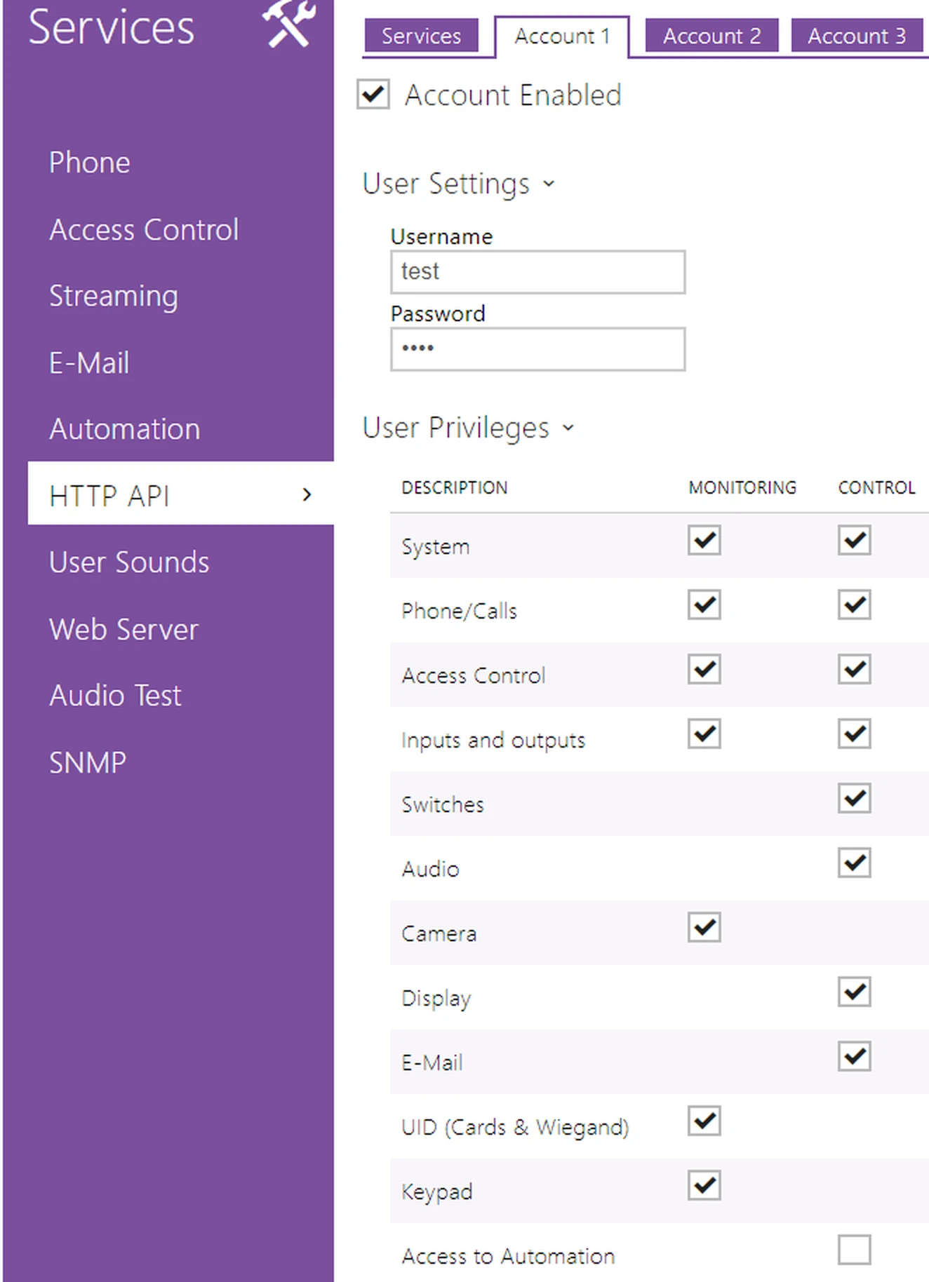 2N web interface, Account 1 tab: account enabled, credentials and privileges checked in the Monitoring and Control columns