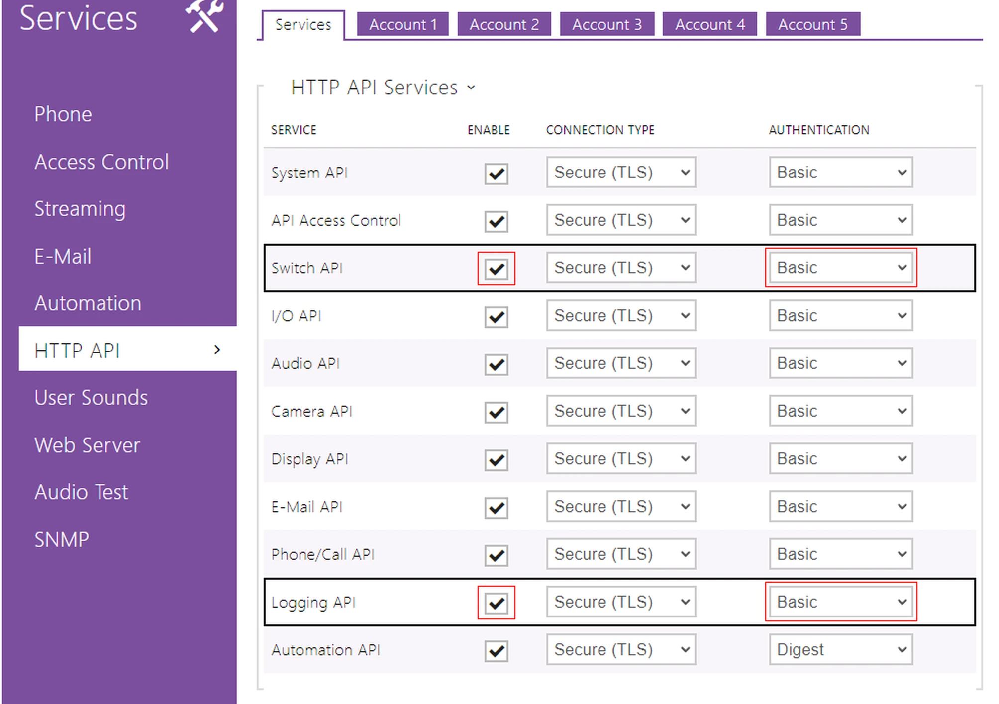 2N web interface, Services then HTTP API: Switch API and Logging API checked, with their authentication method