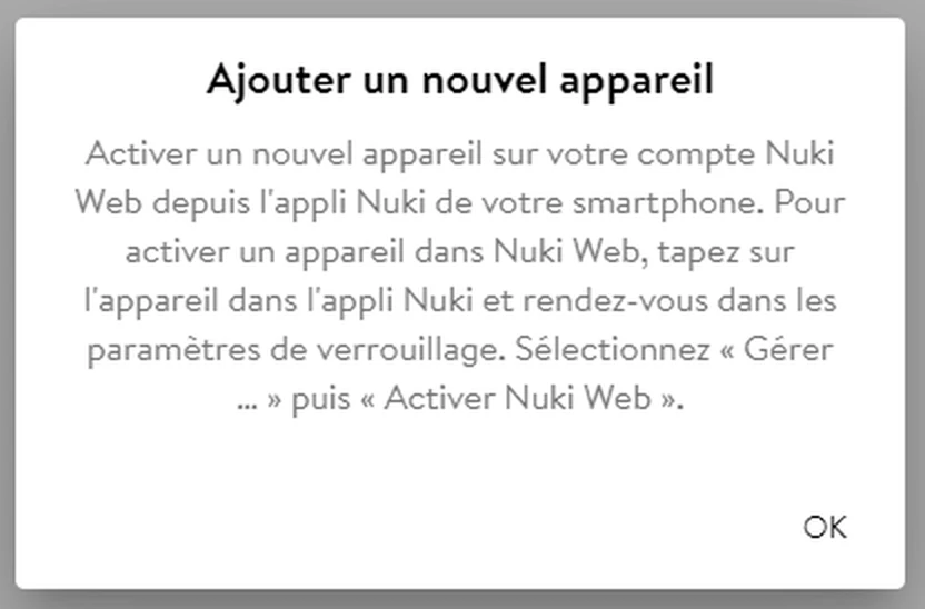 Nuki Web help in French for adding a device: activating Nuki Web from the Nuki smartphone app