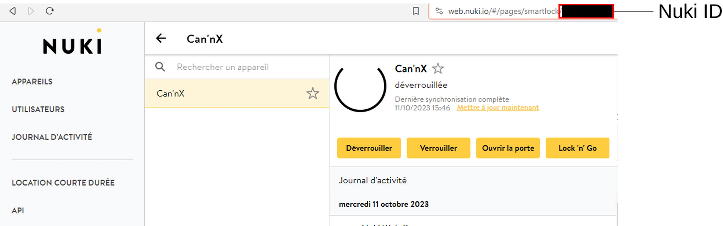 Nuki Web, page of a lock: the lock identifier, masked here, ends the page address
