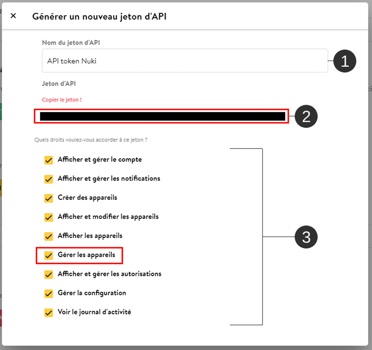 Nuki Web in French, new API token window: token name, masked token to copy and the Manage devices right checked