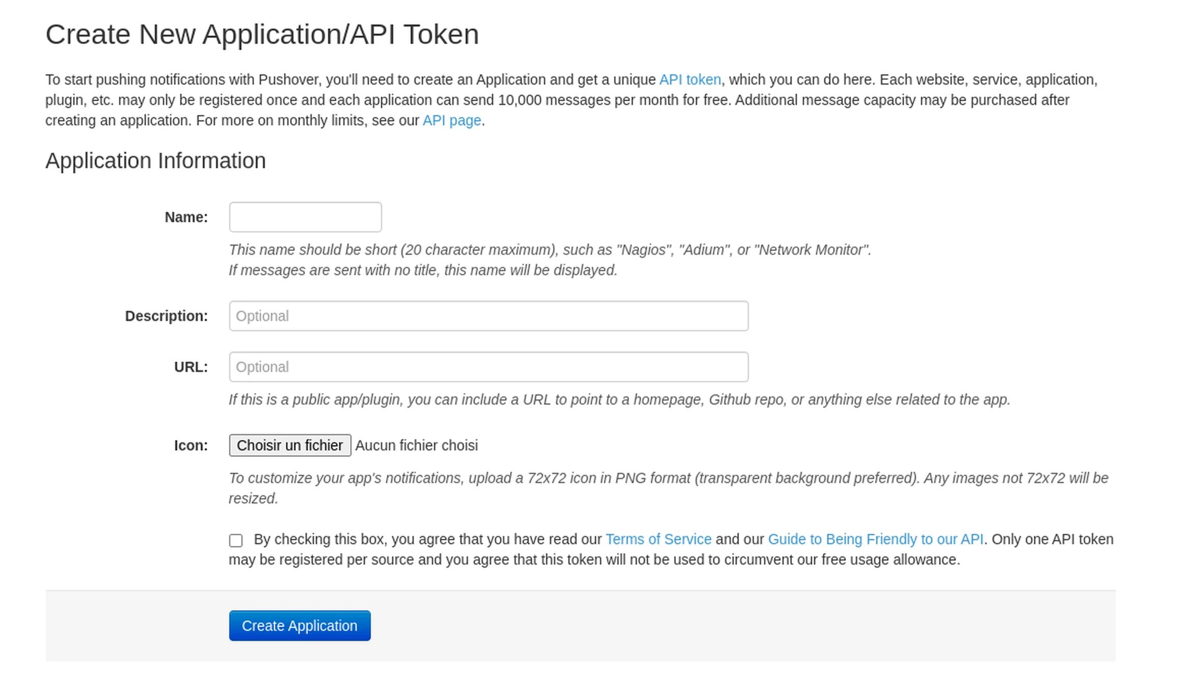 Pushover Create New Application/API Token form: Name field, terms acceptance box and Create Application button