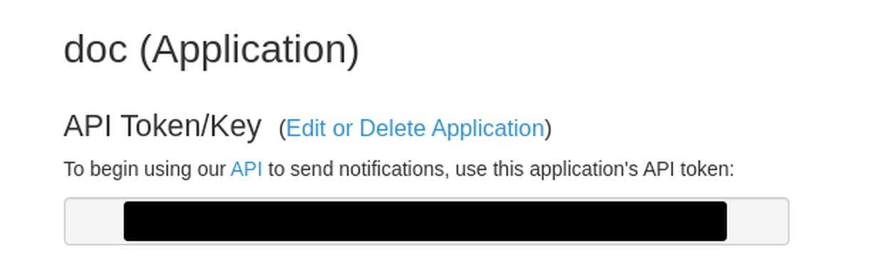Pushover application page: API Token/Key block, key masked